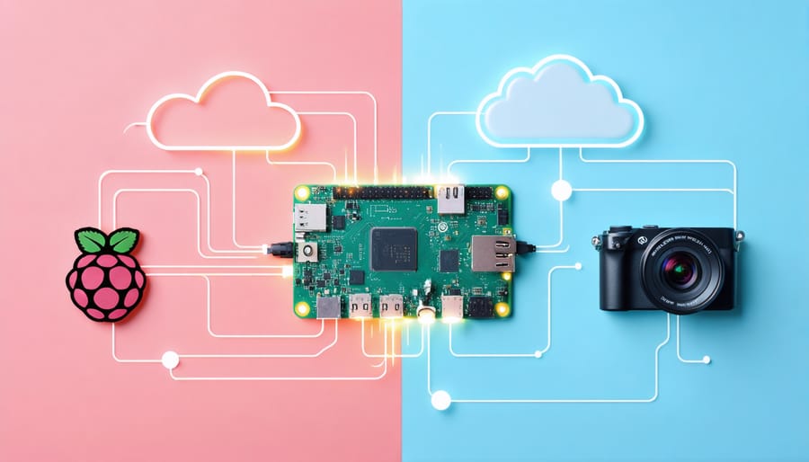 Illustration of a Raspberry Pi setup with a camera and AI accelerator, showcasing data flow from edge to cloud, emphasizing edge AI vision capabilities.