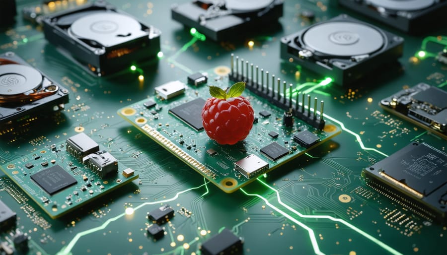 A Raspberry Pi setup with connected storage devices, representing energy-efficient data management with Q smart storage. Green energy lines symbolize the optimization algorithms improving performance while reducing energy consumption.