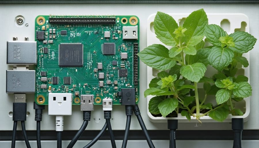 Assembled Raspberry Pi greenhouse controller system with labeled components and connections