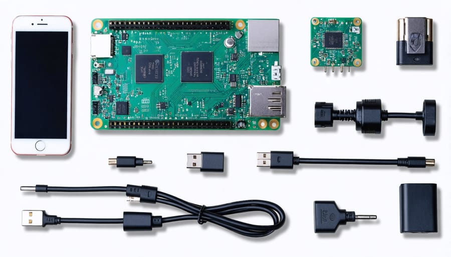 Hardware components needed for Raspberry Pi and mobile phone integration laid out on a clean surface