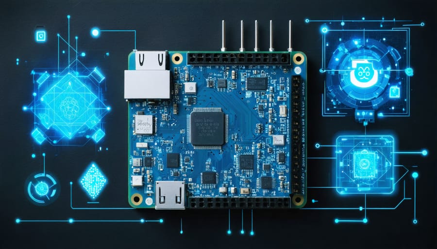 Overhead view of a Raspberry Pi setup with camera module, surrounded by icons of computer vision libraries like OpenCV and TensorFlow, illustrating the potential for DIY machine vision projects.