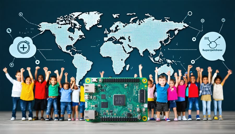 Illustration of the original Raspberry Pi Model B launch, highlighting the small computer's impact on affordable computing, education, and global innovation. Enthusiasts and students engage with the device, depicting a worldwide maker movement.