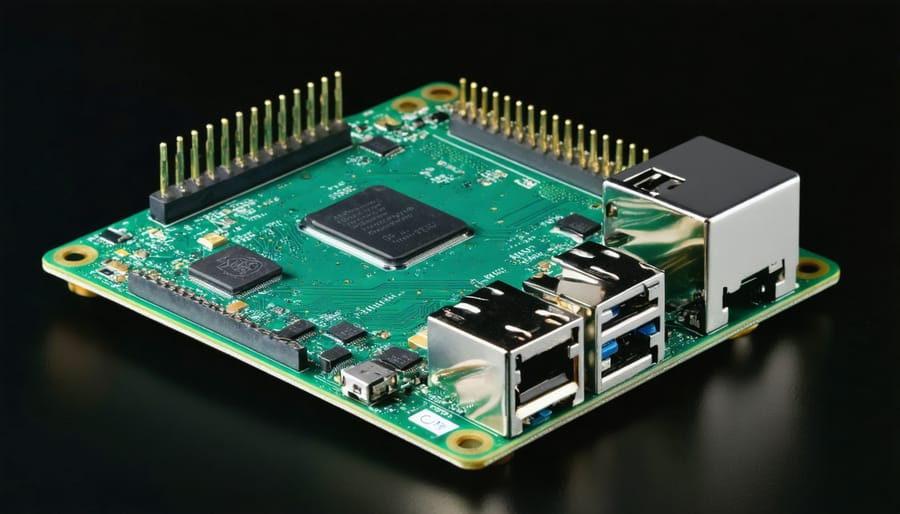 Raspberry Pi 4 computer board displaying Raspberry Pi OS desktop environment with default wallpaper and menu open