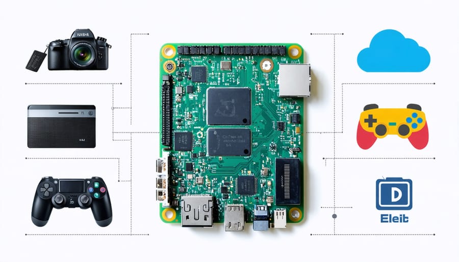 A collage showcasing various applications of Raspberry Pi through alternative operating systems, depicting multimedia, cybersecurity, cloud computing, retro gaming, and IoT, centered around a Raspberry Pi board.