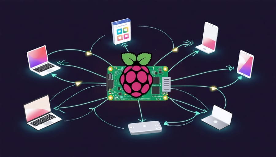 Illustration of a Raspberry Pi central hub connected to multiple devices, symbolizing remote desktop access and global connectivity.