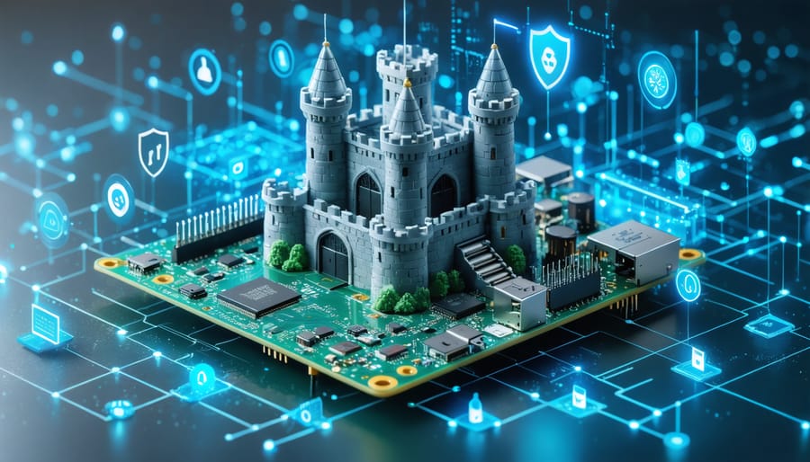 A conceptual illustration of a Raspberry Pi turning into a digital fortress, encased in layers of security symbols like locks and shields, representing its enhanced security capabilities.