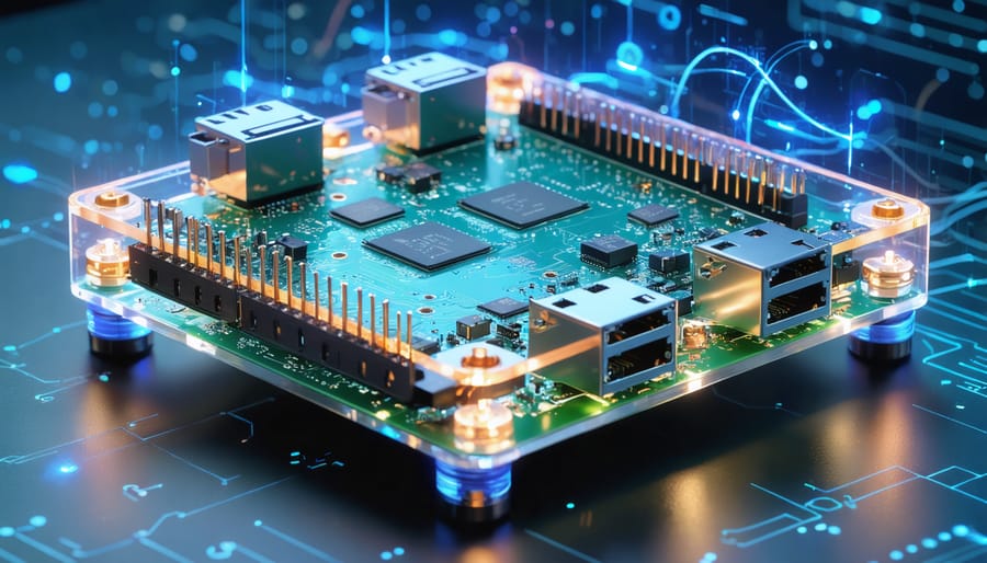 An artistic depiction of a Raspberry Pi 3 cluster, showcasing four Raspberry Pi boards connected and organized in a clear acrylic case, symbolizing parallel computing and distributed systems.