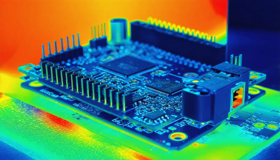 Thermal camera view of Raspberry Pi board with color-coded temperature zones