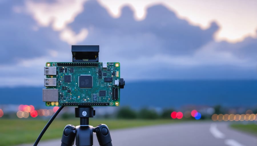 A Raspberry Pi with a camera module mounted on a tripod, set against a blurred background of a dynamic time-lapse scene, showcasing its capability for capturing stunning time-lapse photography.