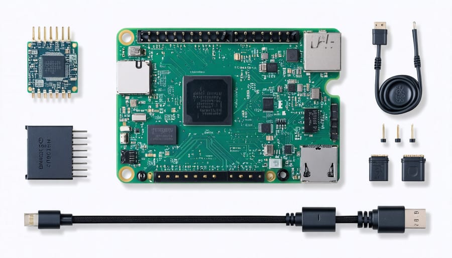 Essential Raspberry Pi hardware components for machine vision projects laid out on a white surface