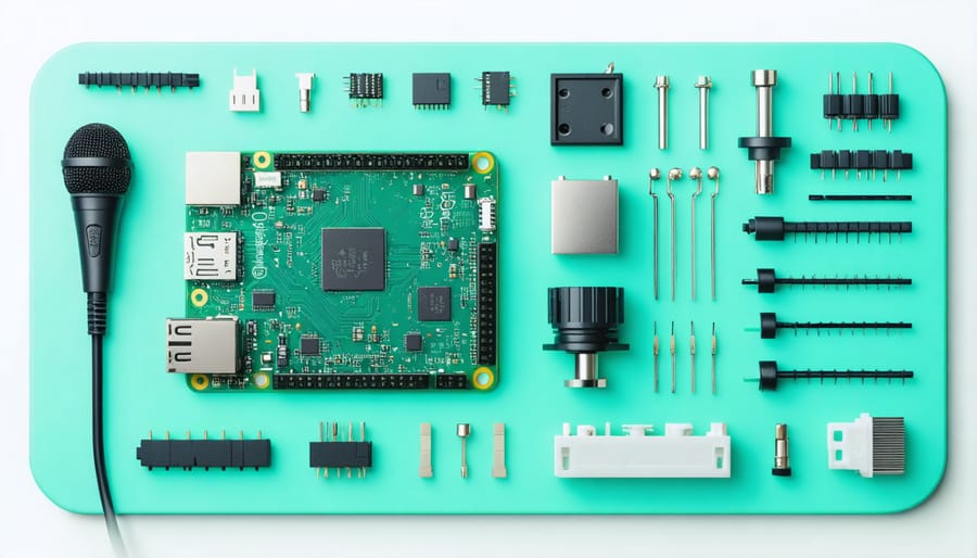 Raspberry Pi board connected to microphone and necessary components for voice recognition