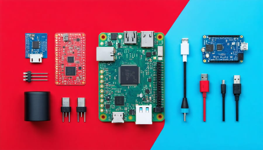 A Raspberry Pi alongside traditional embedded system components like microcontrollers and industrial sensors, illustrating the contrast and versatility of Raspberry Pi in modern IoT and industrial applications.