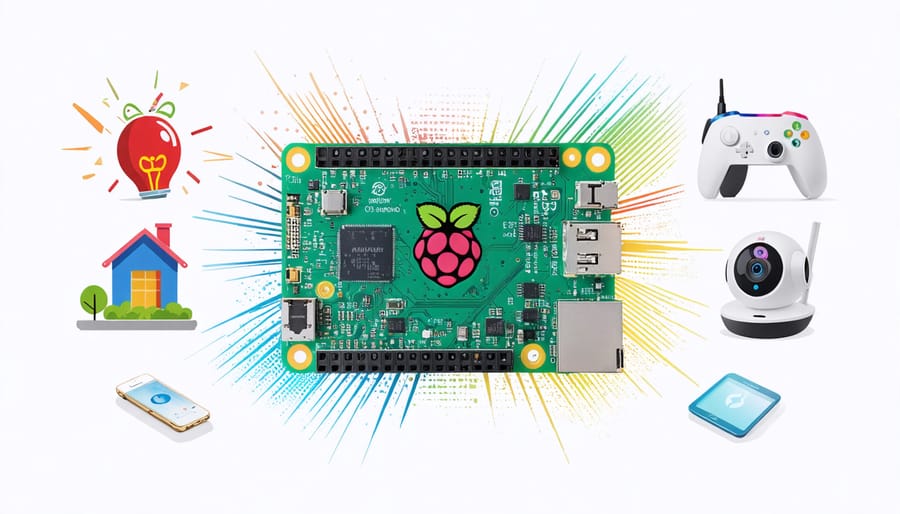 A Raspberry Pi Zero board surrounded by icons representing LED projects, retro gaming, smart home applications, and a security camera, illustrating the versatility of Raspberry Pi Zero projects.