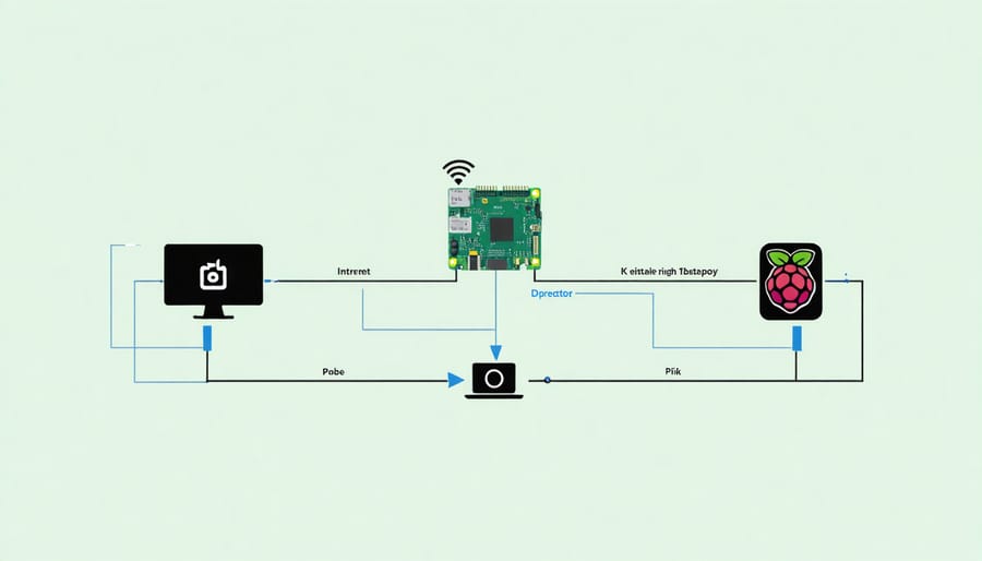 Network diagram illustrating remote desktop connection process to Raspberry Pi