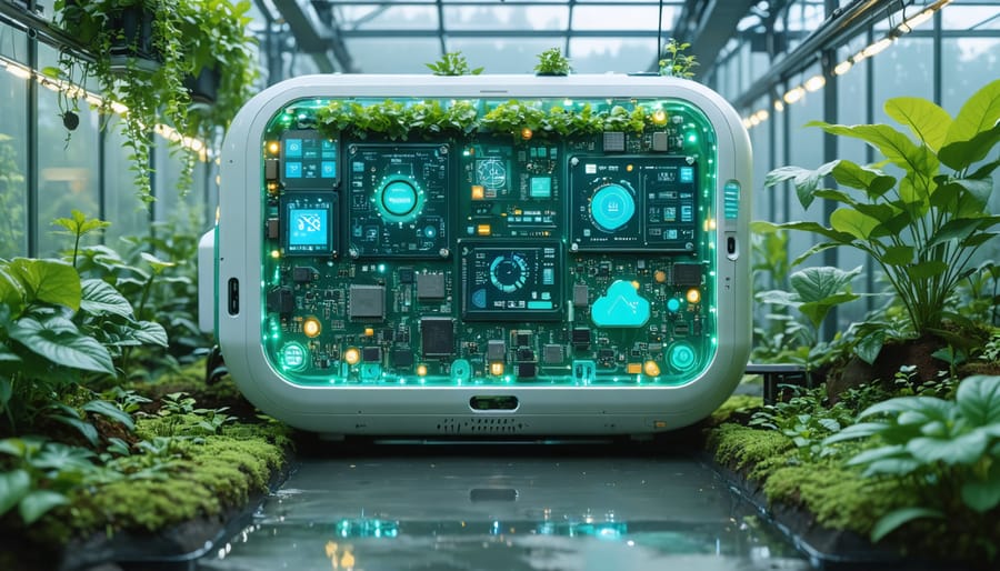 A modern smart greenhouse with Raspberry Pi controllers managing environmental conditions such as temperature, humidity, and soil moisture, surrounded by thriving plants.