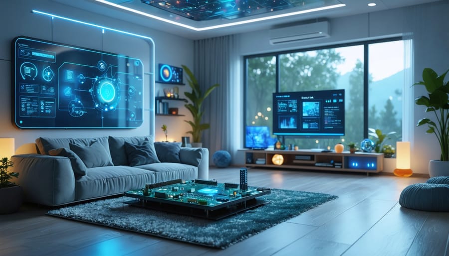 Futuristic living room showcasing a Raspberry Pi-powered smart hub with connected sensors, glowing LED lights, and a smart home interface on a large screen.