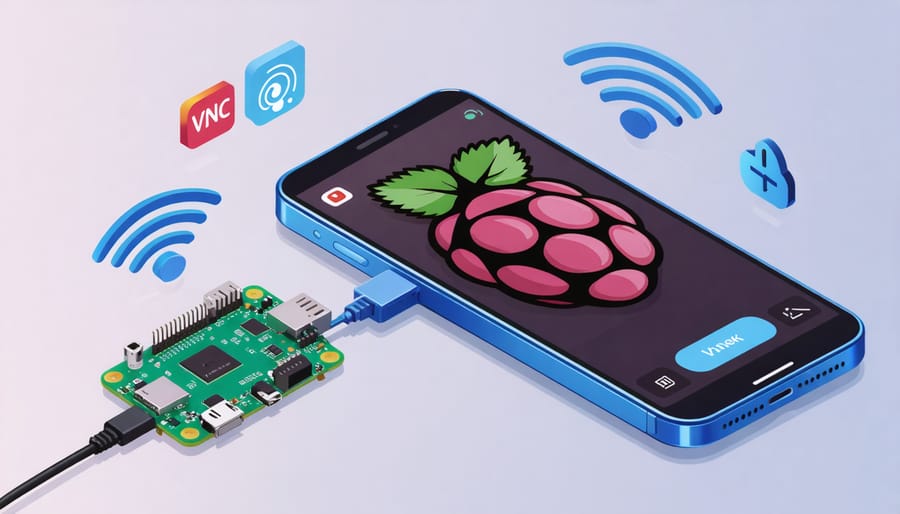 Illustration depicting a smartphone displaying the Raspberry Pi desktop interface, symbolizing wireless connectivity and remote control through popular apps.