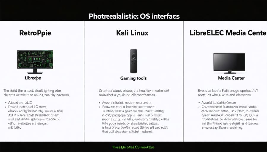 Three-panel image showing RetroPie game selection screen, Kali Linux security tools, and LibreELEC media player interface