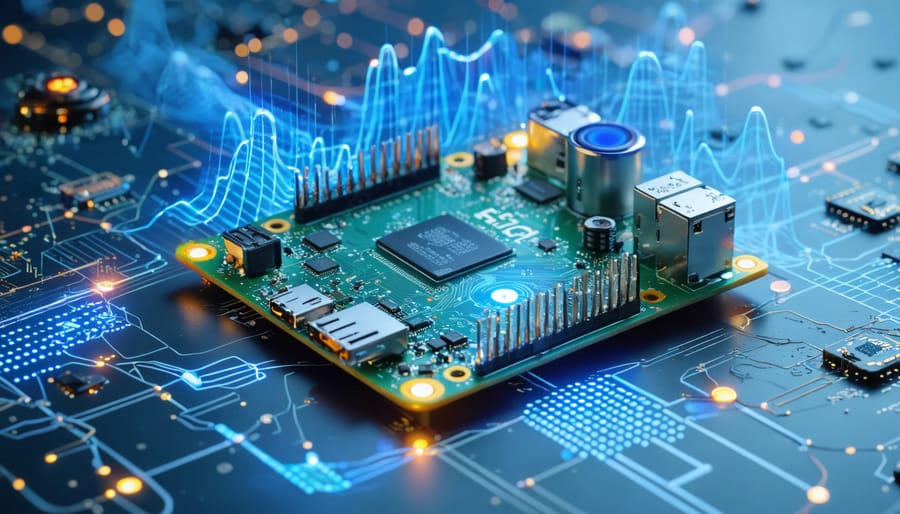 Illustration of a Raspberry Pi board with digital waves and network symbols representing 5G connectivity, highlighting innovation in IoT and mobile applications.