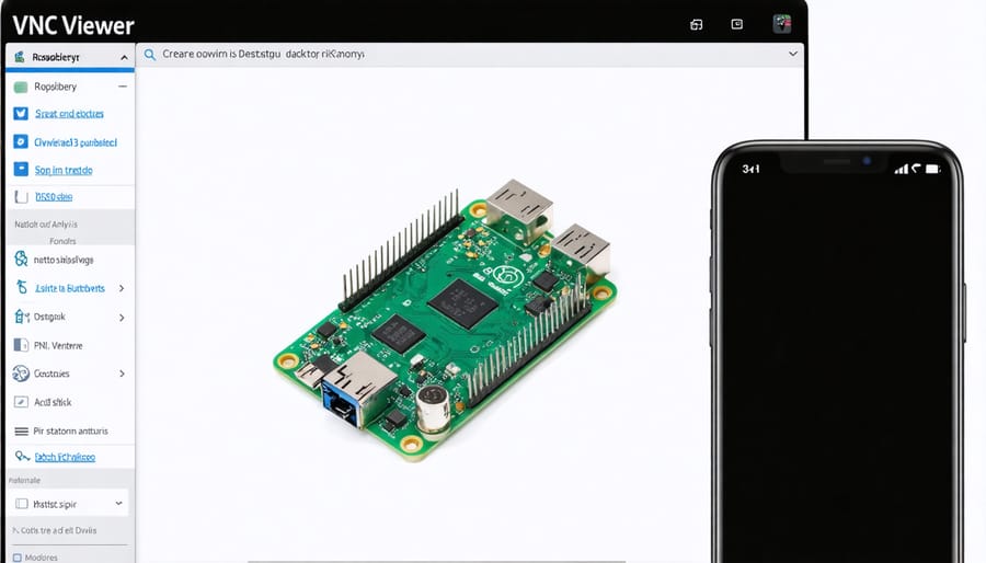 Mobile phone screen displaying Raspberry Pi desktop through VNC Viewer connection