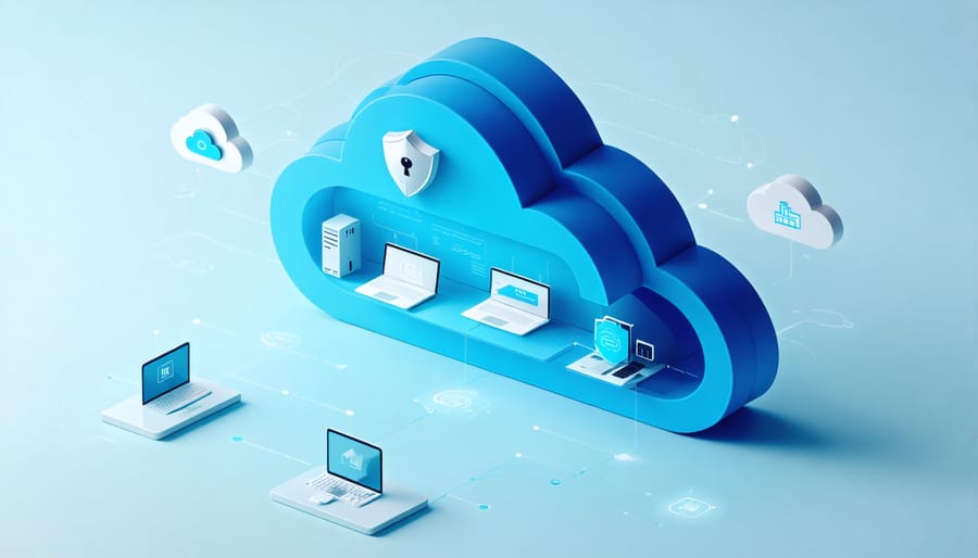 Conceptual illustration showcasing the 1-2-3 backup strategy with a data cloud shield encompassing three layers of data protection: daily use, local backup, and offsite storage.