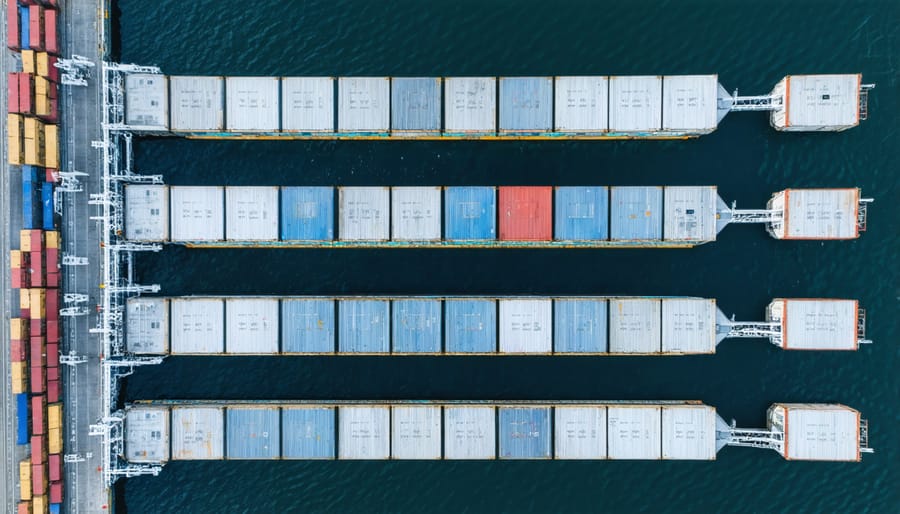 Split image showing cargo containers at port on left and Docker container architecture on right