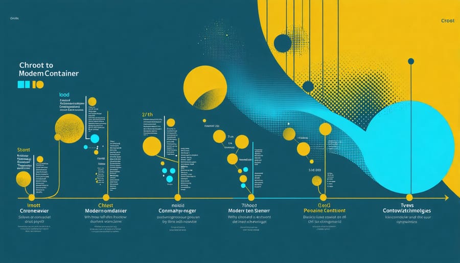 Infographic timeline of container technology evolution from 1979 chroot to present