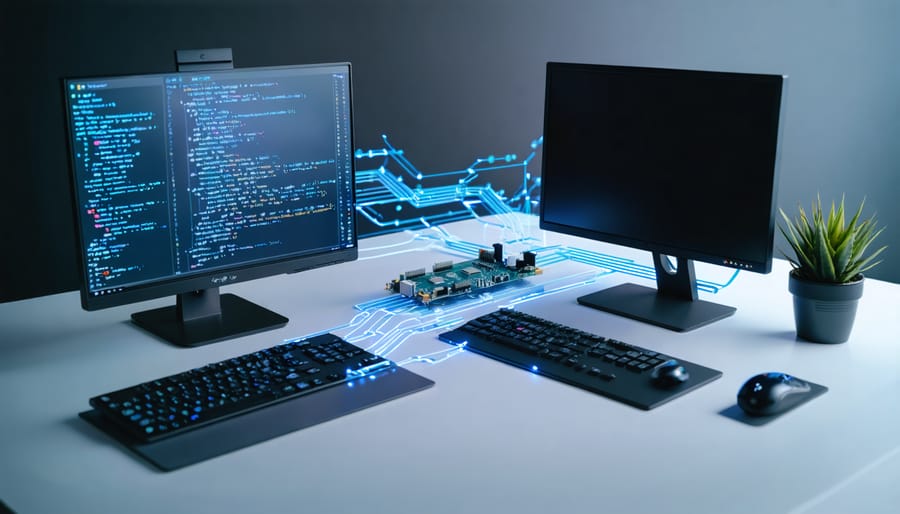 Dynamic depiction of a cross-compilation workflow, showing a powerful desktop computer and a Raspberry Pi connected through a digital data flow, symbolizing fast and efficient code compilation.