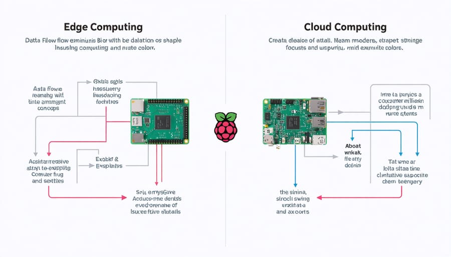Infographic comparing data paths between edge computing and cloud computing architectures with Raspberry Pi