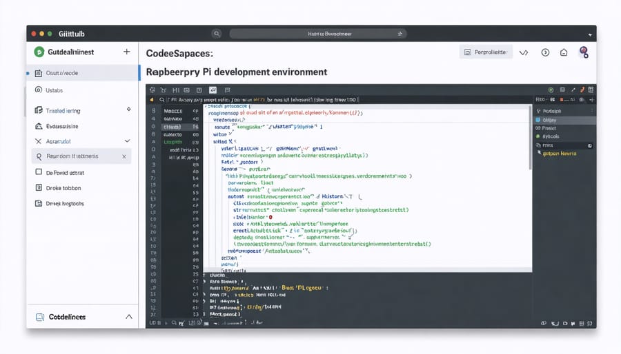 GitHub Codespaces IDE interface with Raspberry Pi code and terminal windows