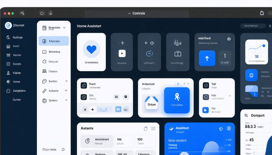 Home Assistant user interface displaying smart home controls and monitoring widgets