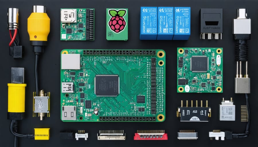 Fully assembled Raspberry Pi industrial automation system with labeled components
