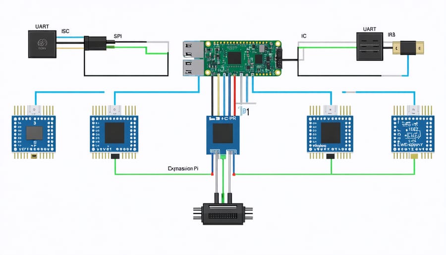 Technical diagram illustrating I2C, SPI, and UART connections between Raspberry Pi and expansion boards