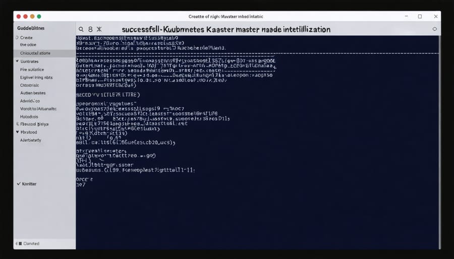Command line interface showing Kubernetes master node setup completion