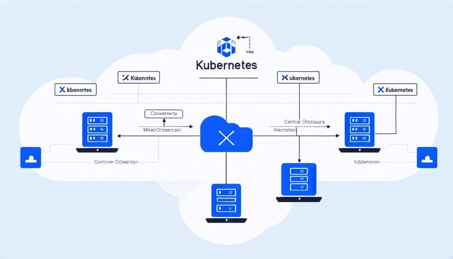 Technical diagram of Kubernetes components and container orchestration workflow