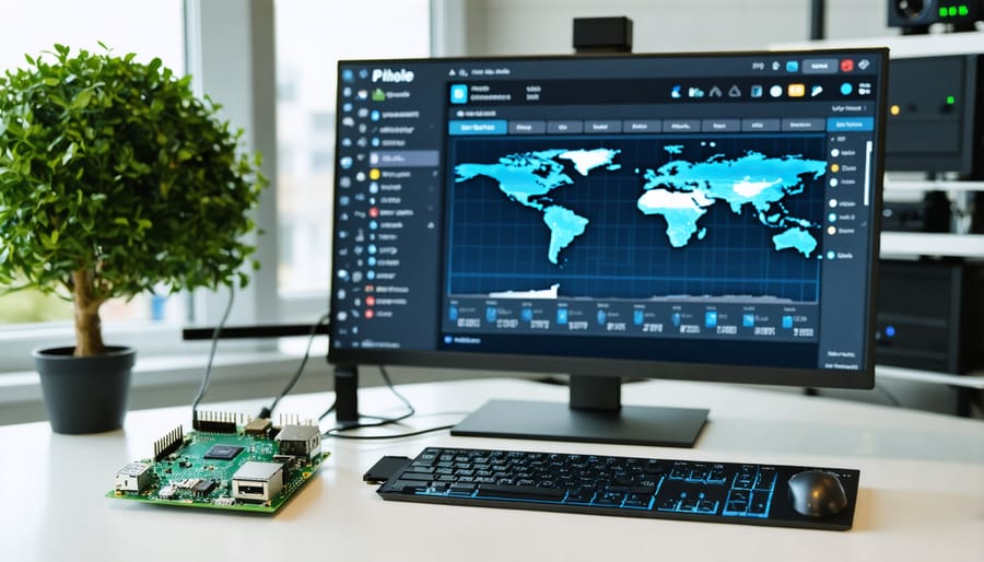 Raspberry Pi setup displaying Pi-hole network-wide ad blocking interface