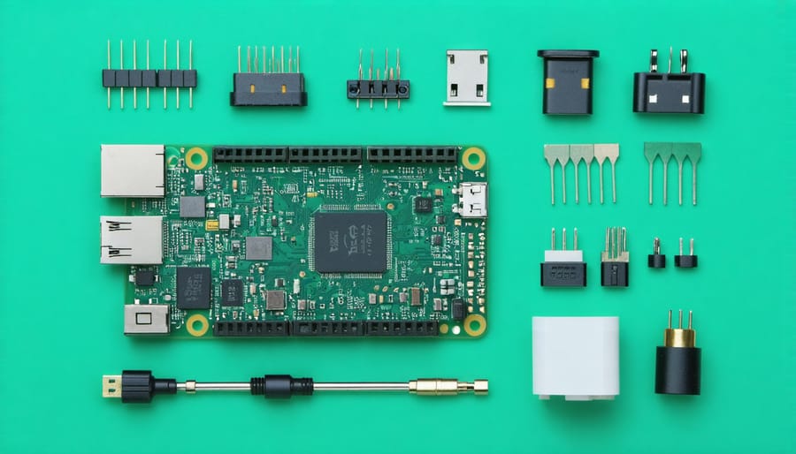 Raspberry Pi Zero board with SD card, USB adapter, and power supply laid out on a clean surface