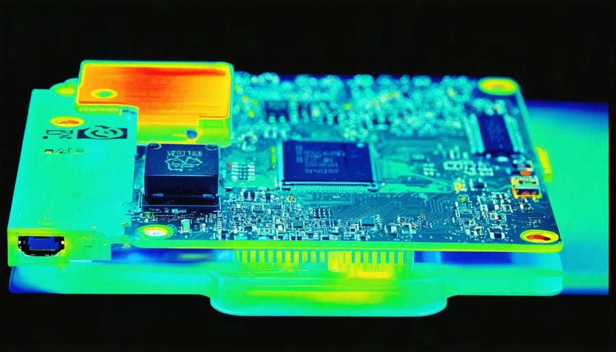 Thermal camera image showing heat distribution across the Raspberry Pi 5 board during GPU-intensive tasks