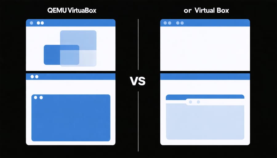 Comparison chart showing key features and interfaces of QEMU versus VirtualBox on Raspberry Pi