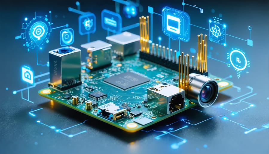 A Raspberry Pi 4 setup with AI components including a camera, microphone, and speaker, symbolizing the use of AI frameworks such as TensorFlow Lite and OpenCV for intelligent applications.