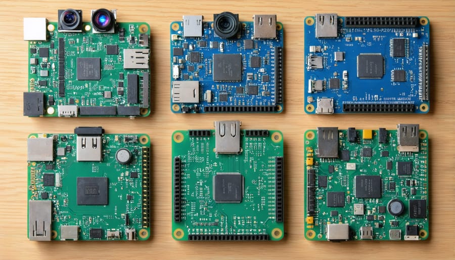 Raspberry Pi hardware setup showing different models, Camera Module V2, and essential sensors for AI projects