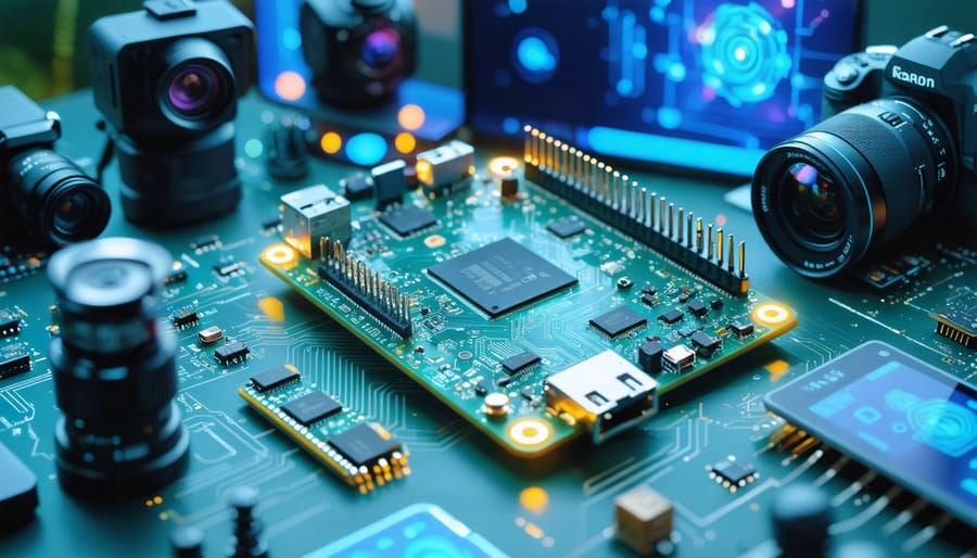 A Raspberry Pi 4 model surrounded by connected cameras, sensors, and electronic components, symbolizing its transformation into a sophisticated AI project hub for object detection, voice control, and data analytics.