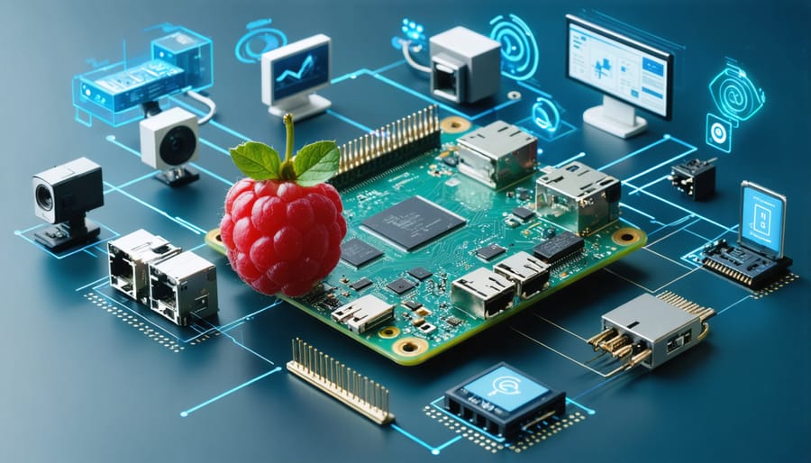 A Raspberry Pi in a business setting connected to sensors, displays, and network devices, showcasing its diverse applications in industrial monitoring, edge computing, digital signage, and security.