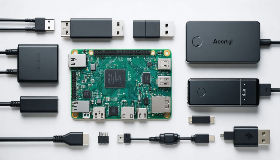 Hardware setup of Raspberry Pi with storage devices and networking components
