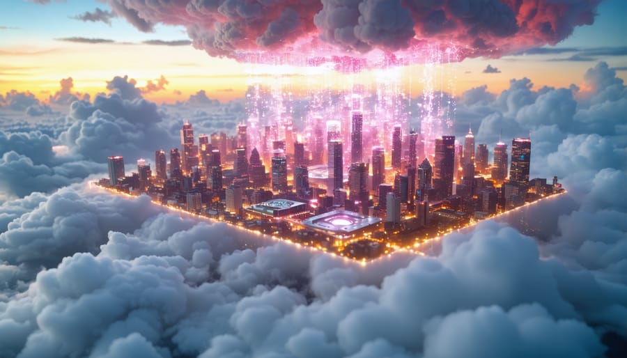 A Raspberry Pi device transforming into digital particles, merging into a cloud-filled futuristic city skyline, representing the integration of Raspberry Pi projects with cloud technologies.