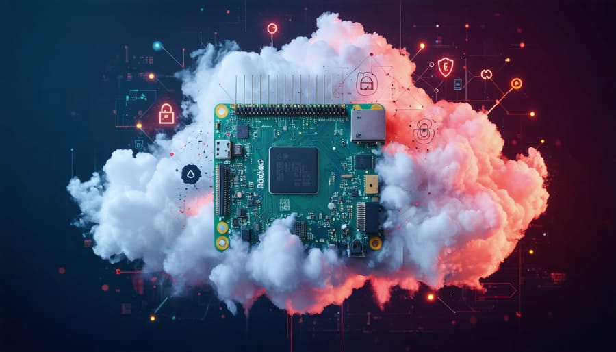 Conceptual illustration of a Raspberry Pi surrounded by cloud and security icons, symbolizing its role as a powerful cloud security hub.