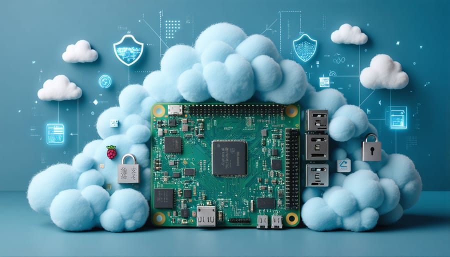 A Raspberry Pi 4 depicted as the central hub of a personal cloud storage system, surrounded by digital clouds and security symbols, illustrating its role in secure data storage and network connectivity.