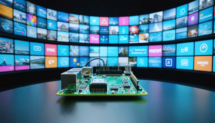 A Raspberry Pi connected to multiple digital screens displaying vibrant signage, representing open-source digital signage solutions in a business setting.