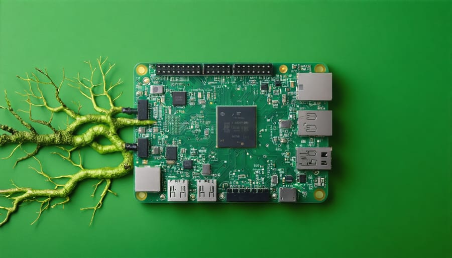 Illustration of a Raspberry Pi with green circuit lines expanding outward like tree roots against a backdrop of traditional computers, symbolizing the shift to eco-friendly computing.