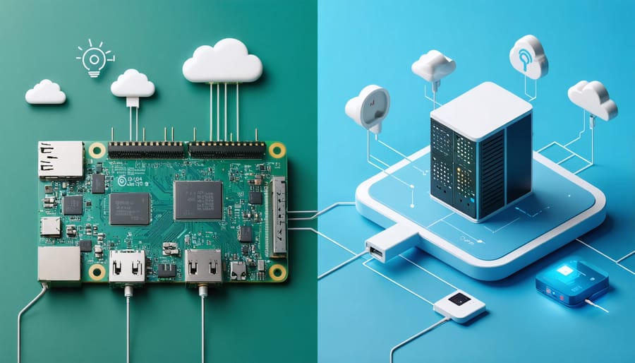 A split-screen visual showing a Raspberry Pi linked with various IoT devices for edge computing, with a distant cloud server representing cloud computing capabilities, highlighting the advantages of immediate data processing versus remote analytics.